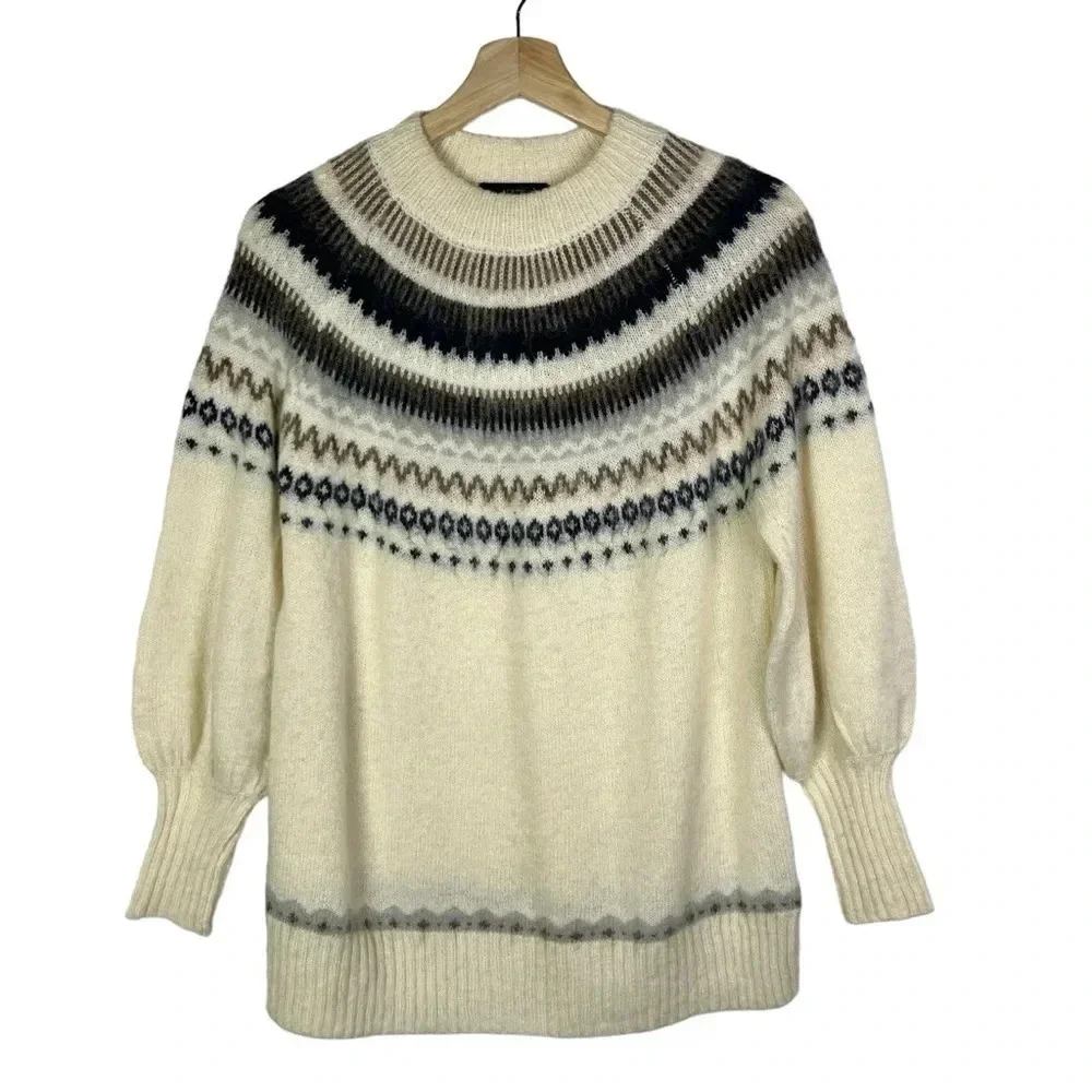 J. Crew Off White Fair Isle Yoke Puff Sleeve Sweater XXS